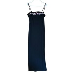 City Triangles Black Embroidered Floral Spaghetti Strap Maxi‎ Dress Medium Y2K
